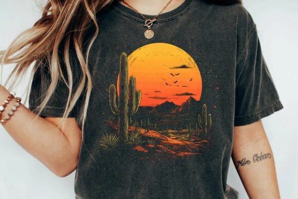 Bring the West Home: Vintage Desert Sunset Cactus Mountain Retro Graphic T-Shirt Design PNG